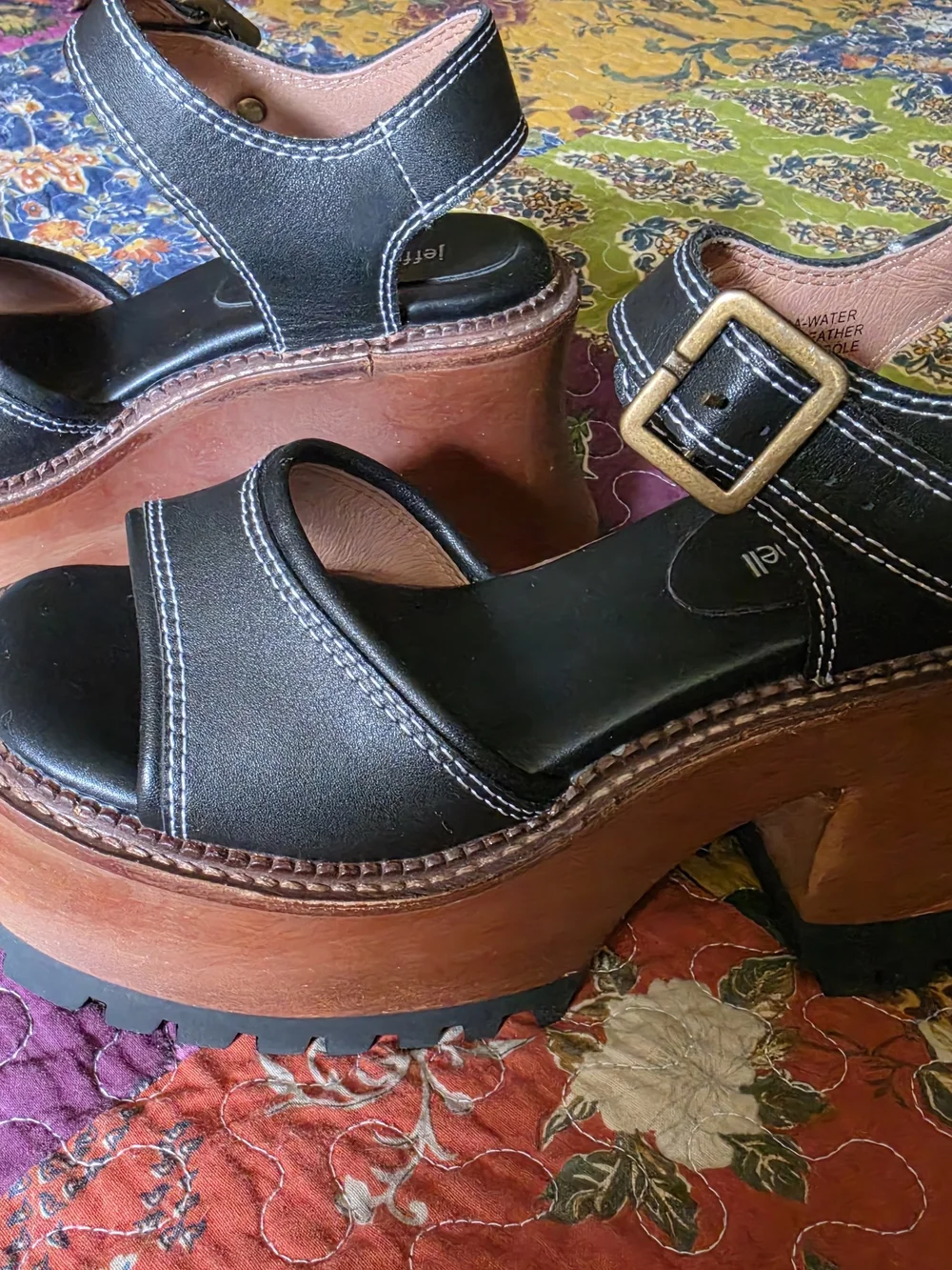 Jeffrey Campbell Black Platform Sandal Heels with Brown Wood-Look Sole